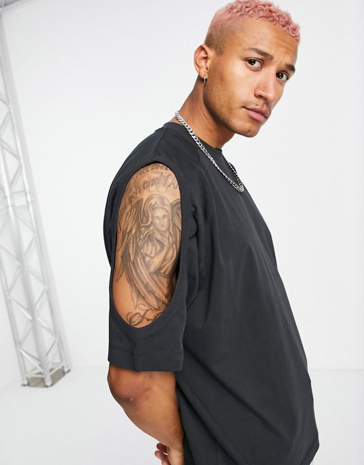 Asos Design Oversized T-shirt With Cold Shoulder In Heavyweight Fabric In Black