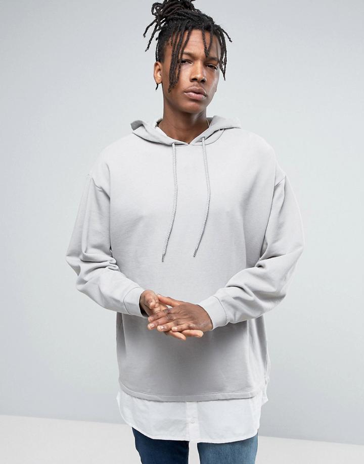 Asos Oversized Super Longline Hoodie With Shirt Hem - Gray