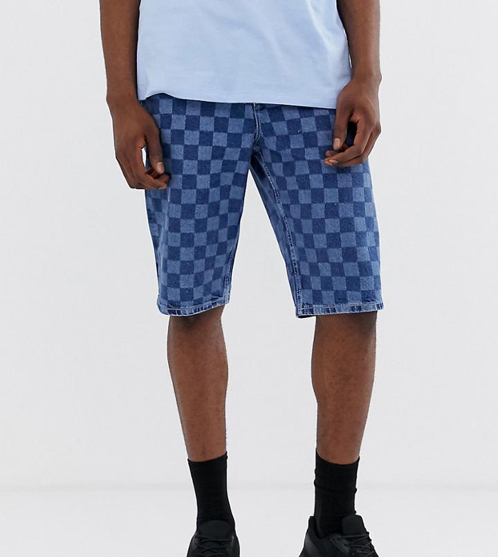 Asos Design Tall Slim Denim Shorts In Mid Wash Blue Check Board Print - Blue
