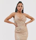 Tfnc Petite Cowl Neck Cross Back Sequin Mini Dress In Rose Gold - Gold