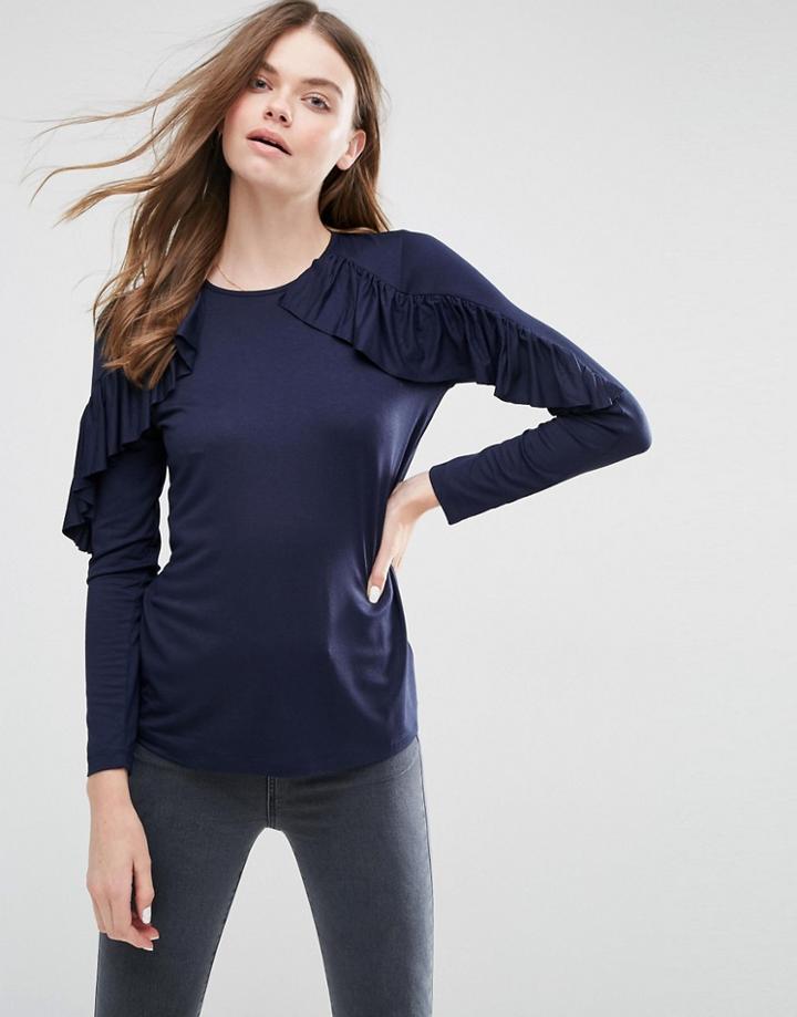 Asos Top With Ruffle Long Sleeves - Navy