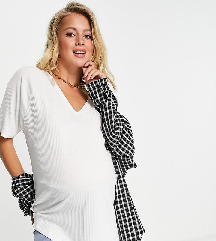 Asos Design Maternity Oversized Top With V Neck In Drapey Rib In White