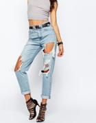 Asos Original Mom Jeans In Crocus Lightwash With Rips And Busts - Crocus Lightwash