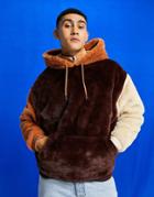 Asos Design Oversized Faux Fur Hoodie In Color Block Browns-neutral