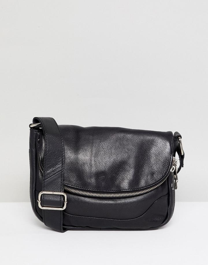 Urbancode Fold Over Cross Body Bag In Leather - Black