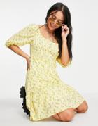 Only Mini Smock Dress With Puff Sleeve In Yellow Ditsy Floral-multi