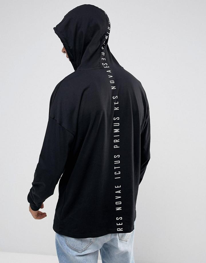 Asos Hooded Oversized Long Sleeve T-shirt With Spine Print And Bleach Wash - Black