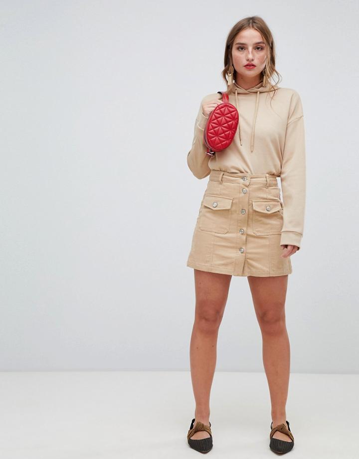 Stradivarius Corduroy A Line With Pockets Mini Skirt - Beige