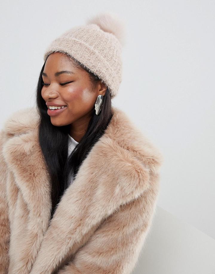 New Look Faux Fur Pom Pom Bobble Hat - Brown