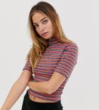 Asos Design Petite Crop Top In Bright Stripe With Zip Neck - Multi