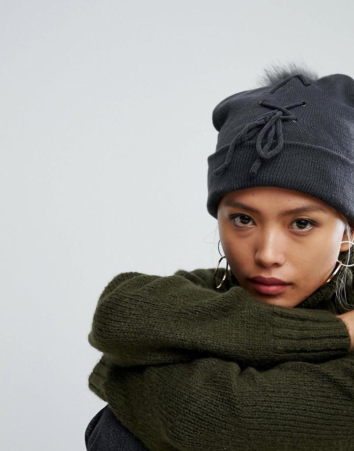 7x Lace Up Front Beanie Hat - Black