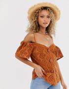 Asos Design Contrast Broderie Off Shoulder Top With Button Through - Brown