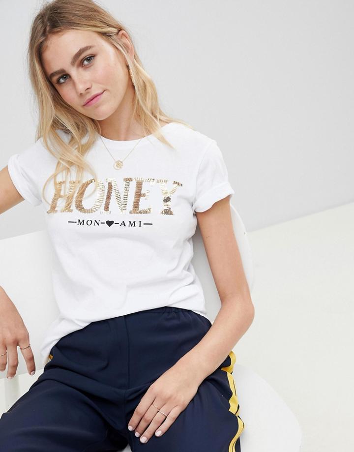 New Look Sequin Honey Slogan Tee - White