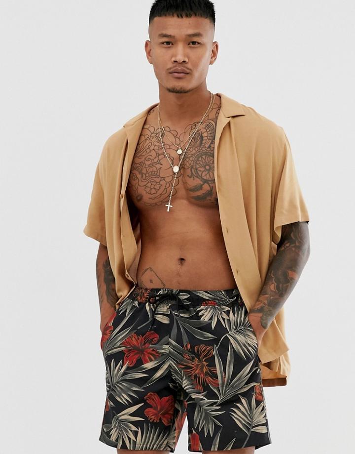 Asos Design Swim Short In Dark Floral Print Mid Length - Multi