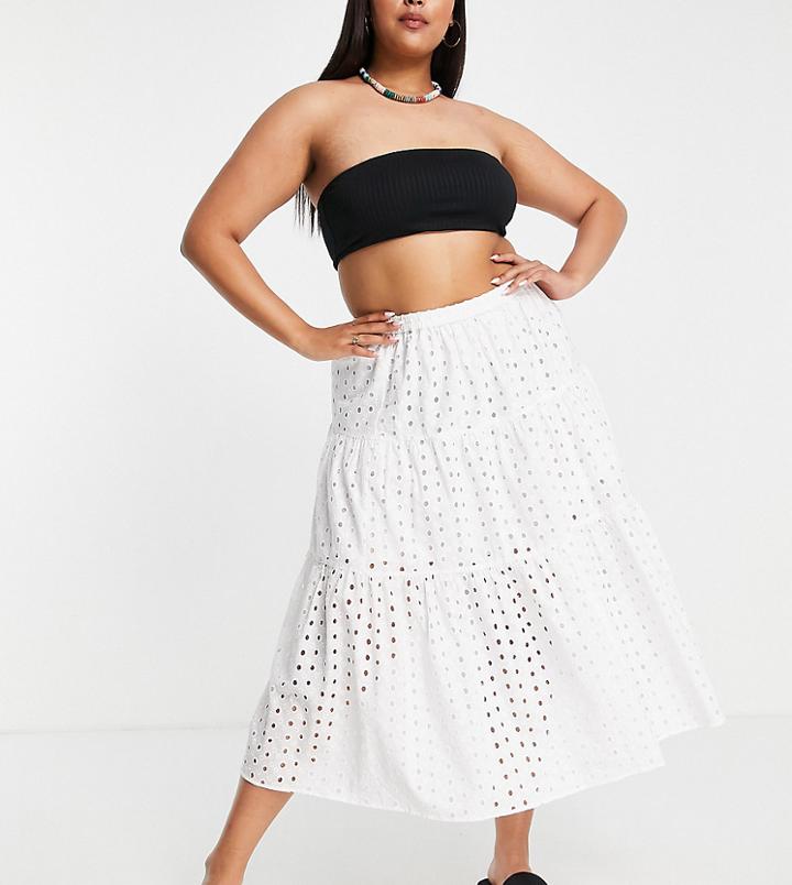 Asos Design Curve Broderie Tiered Midi Skirt In White