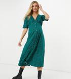 Asos Design Maternity Midi Tea Dress With Horn Buttons In Forest Green Base Floral