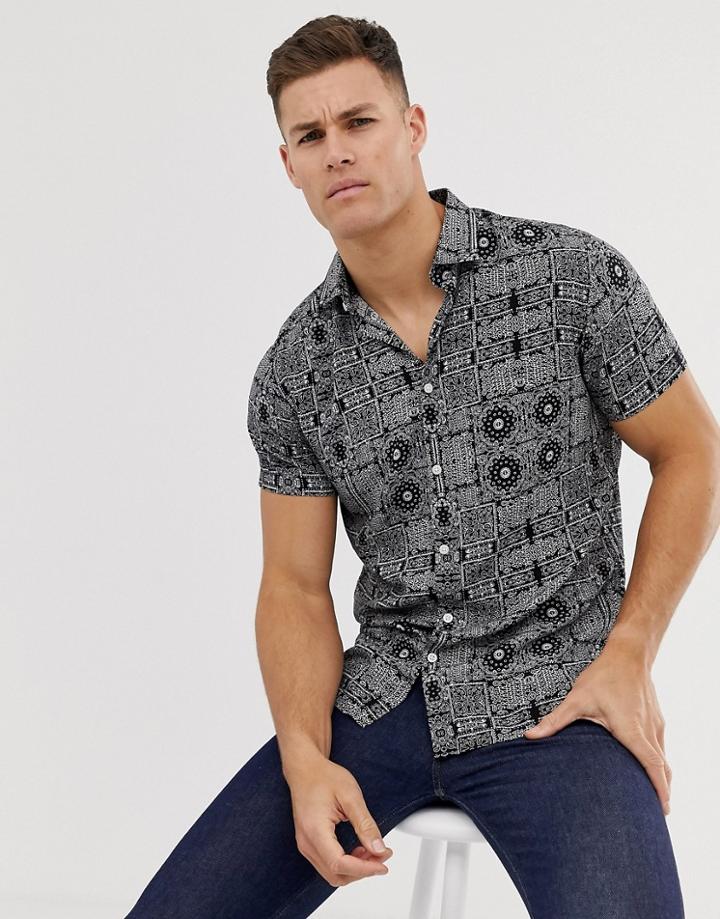 Selected Homme Short Sleeve Printed Shirt In Viscose - Black