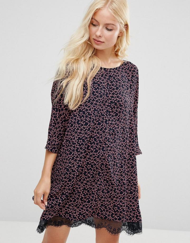 Noisy May Mena Lace Hem Long Tunic Dress - Navy