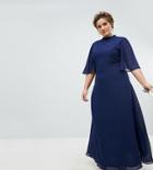 Tfnc Plus High Neck Maxi Bridesmaid Dress With Flutter Sleeve - Navy