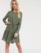 Asos Design Long Sleeve Tiered Mini Dress In Khaki-green