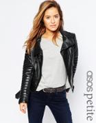 Asos Petite Biker Jacket With Funnel Neck In Leather - Black