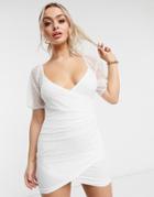 Asos Design Textured Mesh Puff-sleeve Mini Wrap Dress In White