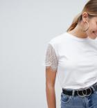 Prettylittlething Basic Lace Sleeve T-shirt In White - White