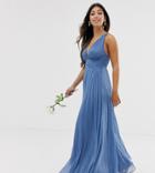 Asos Design Petite Bridesmaid Ruched Bodice Drape Maxi Dress With Wrap Waist-blue