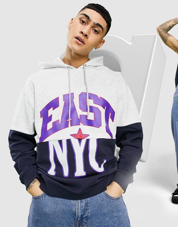 Asos Design Oversized Hoodie With Spliced Collegiate Print & Color Blocking-grey