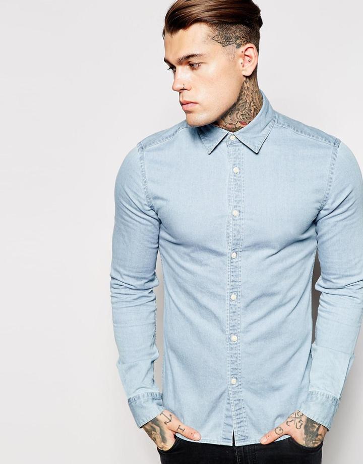 Asos Shirt In Skinny Fit With Long Sleeve In Bleach Wash Denim - Bleach Wash