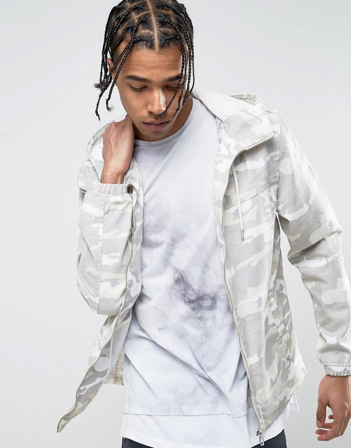 Bershka Zip Through Hooded Jacket In Faded Camo - Green