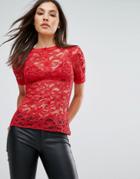 Vesper Lace Top With Contrast Piping - Red