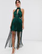 Asos Design Midi Dress In Fringe With Ring Detail And High Neck-green