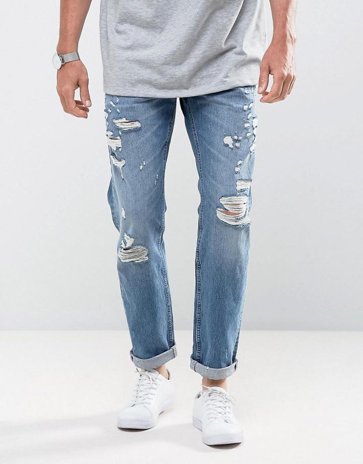 Jack & Jones Intelligence Tapered Fit Jeans With Distress Detail - Blue