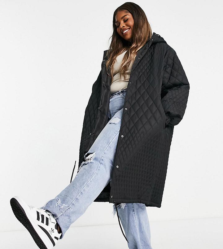 Collusion Plus Maxi Coach Jacket With Mixed Quilting Detail In Black
