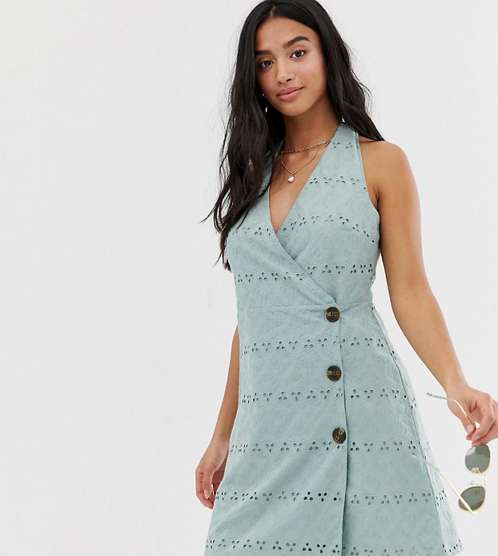 Asos Design Petite Palm Broderie Wrap Halter Mini Sundress With Side Buttons - Green