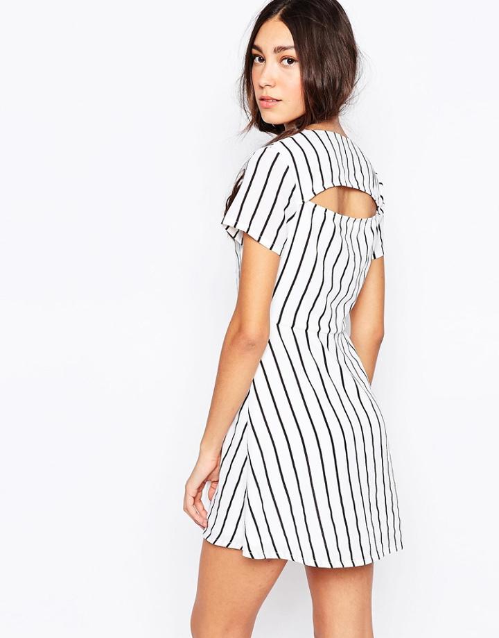 Daisy Street Tea Dress In Stripe Print With Cut Out Back