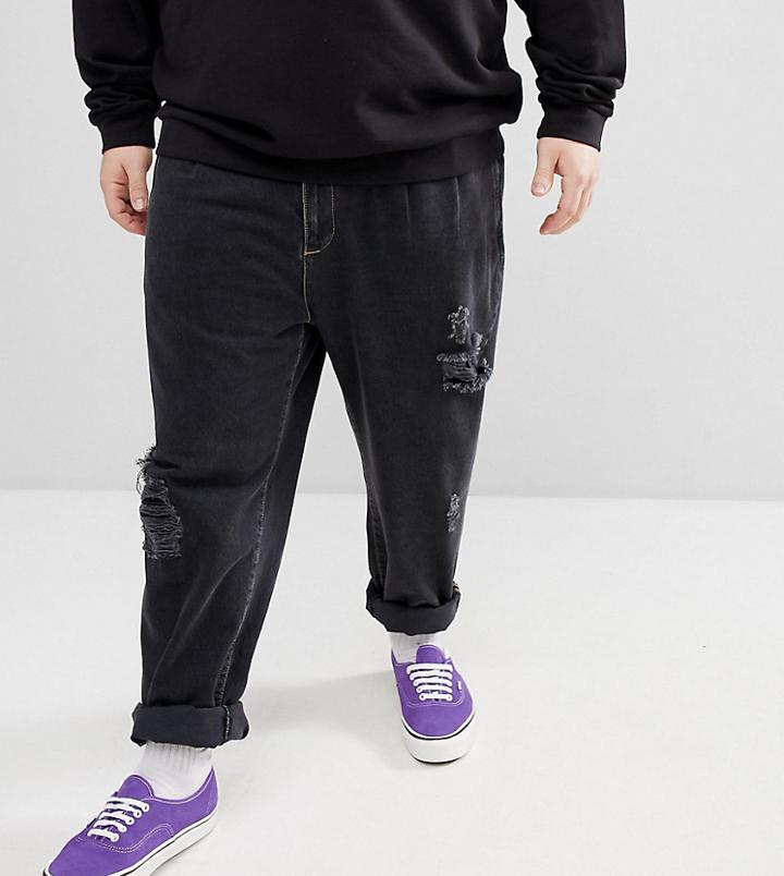 Asos Design Plus Double Pleat Jeans In Washed Black With Rips - Black