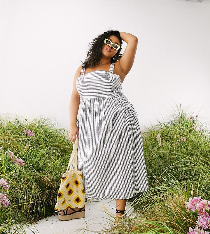 Asos Design Curve Overalls Midi Sundress With Pocket Detail In Stripe Print-multi