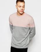 Asos Color Block Crew Neck Sweater In Cotton - Pink And Gray