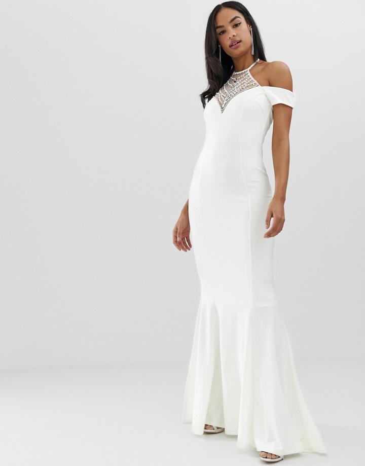 City Goddess Bridal Off Shoulder Fishtail Maxi Dress With Embellished Detail - White