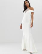 City Goddess Bridal Off Shoulder Fishtail Maxi Dress With Embellished Detail - White