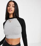 Asos Design Petite Fitted Long Sleeve Top With Contrast Raglan In Gray With Black-grey