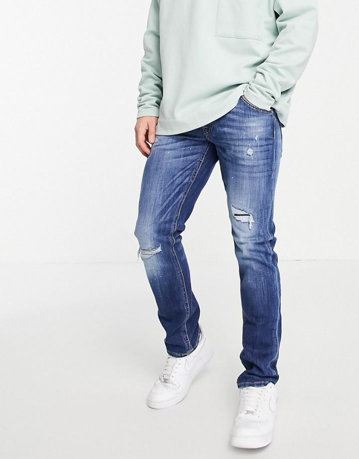 Jack & Jones Intelligence Glenn Slim Jeans With Rips In Dark Blue-blues