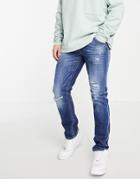 Jack & Jones Intelligence Glenn Slim Jeans With Rips In Dark Blue-blues