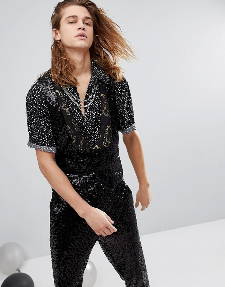 Asos Skinny Vest In Black Sequins With Gold Trim - Black