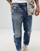 Asos Design Skater Jeans In Dark Wash Vintage Blue With Rip And Repair - Blue
