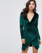 Club L Satin Plunge Front Dress With Wrap Skirt Detail - Green