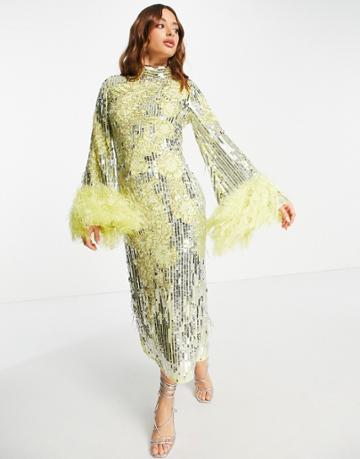 Asos Edition Floral Sequin And Bead Midi Dress With Faux Feather Cuff In Lemon-yellow