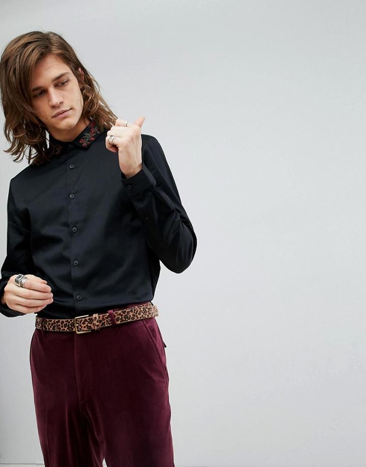Asos Slim Fit Shirt In Black With Embroidered Collar - Black